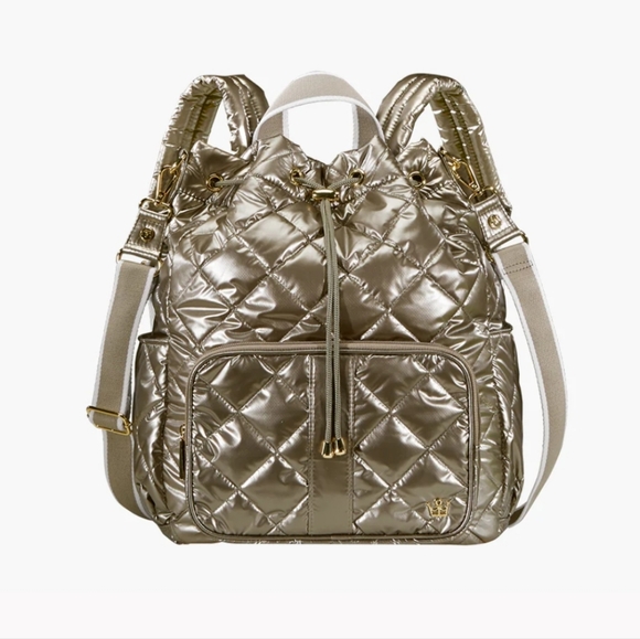 NWT Oliver Thomas Maxed Out Bucket Backpack Crossbody Bag Silver Taupe Metallic - Picture 10 of 11